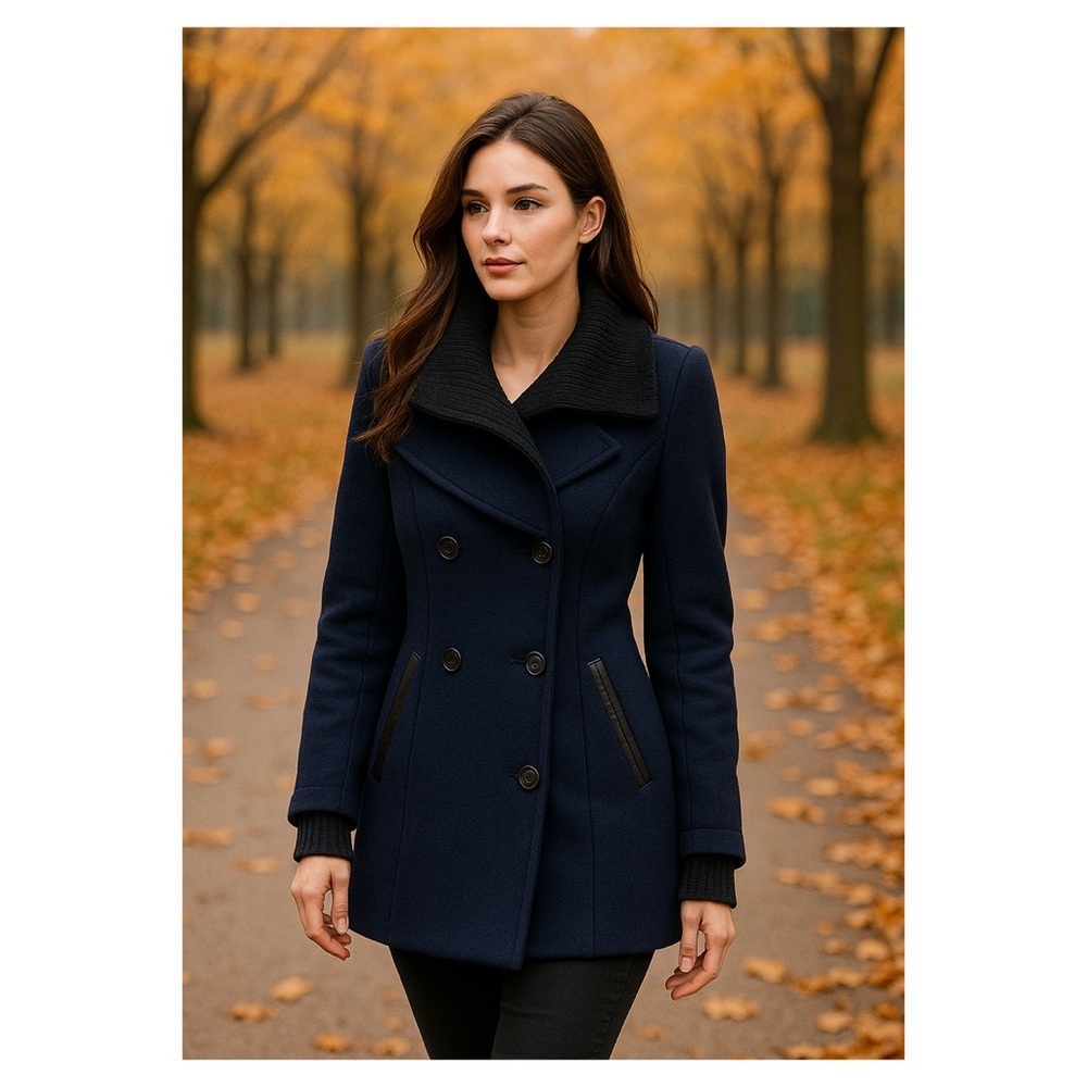 Mackage Navy Wool Blend Pea Coat Knit Collar Jacket Medium - Picture 2 of 13